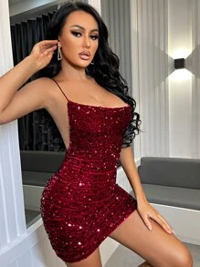 SHEIN Vestido ajustado de espalda abierta con tira cruzada fruncido con lentejuelas - Burdeos - Ver 5