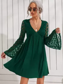 SHEIN 蕾絲拼接喇叭袖連衣裙 - 墨綠色 - 查看 1