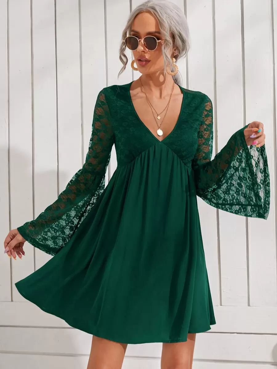 SHEIN 蕾絲拼接喇叭袖連衣裙 - 墨綠色 - 查看 1