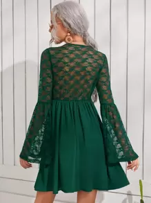 SHEIN 蕾絲拼接喇叭袖連衣裙 - 墨綠色 - 查看 2