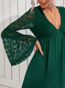 SHEIN 蕾絲拼接喇叭袖連衣裙 - 墨綠色 - 查看 4