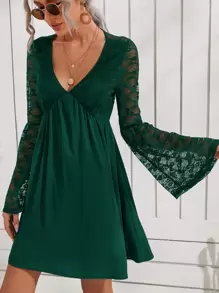 SHEIN 蕾絲拼接喇叭袖連衣裙 - 墨綠色 - 查看 5