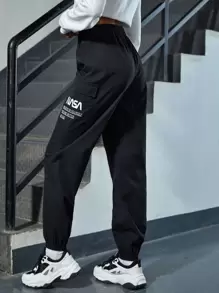 SHEIN EZwear Slogan Graphic Flap Pocket Trousers - Black - View 2