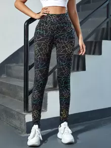 SHEIN EZwear 寬腰帶塗鴉圖案緊身打底褲 - 黑色 - 查看 1