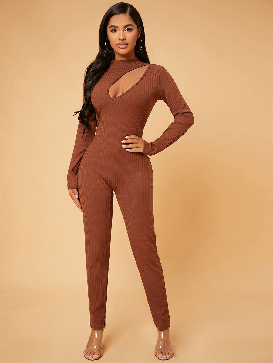 SHEIN SXY Jumpsuit con abertura con cremallera trasera tejido de canalé - Óxido marrón - Ver 1