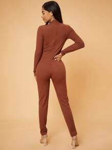 SHEIN SXY Jumpsuit con abertura con cremallera trasera tejido de canalé - Óxido marrón - Ver 2