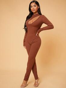 SHEIN SXY Jumpsuit con abertura con cremallera trasera tejido de canalé - Óxido marrón - Ver 4