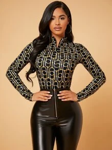 SHEIN SXY Bộ đồ liền thân dài tay có khóa kéo phía trước in họa tiết xích - Nhiều màu - Xem 6