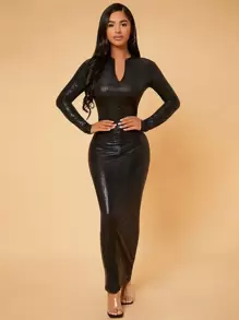 SHEIN SXY Spring  Embossed PU Leather Sexy Date Bodycon Long Sleeve Dress