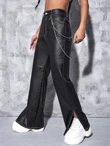 Leather Look Split Hem Flared Leg Jeans - Black - View 3