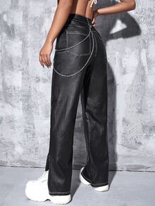 Leather Look Split Hem Flared Leg Jeans - Black - View 2