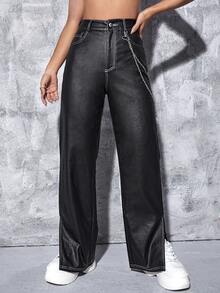Leather Look Split Hem Flared Leg Jeans - Black - View 4
