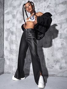 Leather Look Split Hem Flared Leg Jeans - Black - View 1