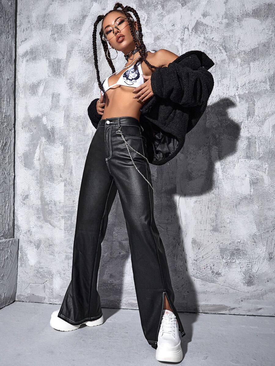 Leather Look Split Hem Flared Leg Jeans - Black - View 1