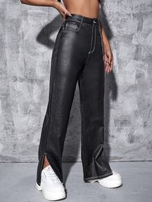 Leather Look Split Hem Flared Leg Jeans - Black - View 5