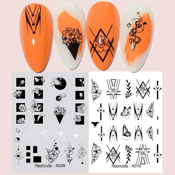 

2sheets Flower Pattern Nail Water Decal, Black and white