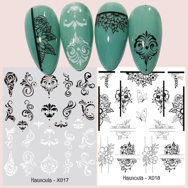 

2sheets Flower Pattern Nail Water Decal, Black and white