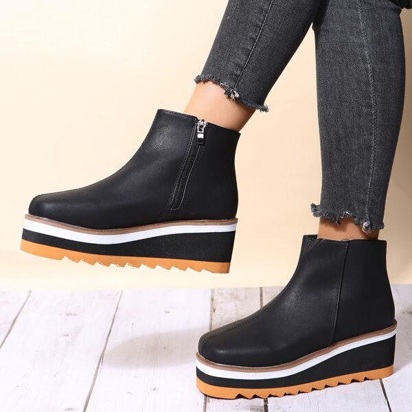 

Minimalist Side Zipper Flatform Boots, Black