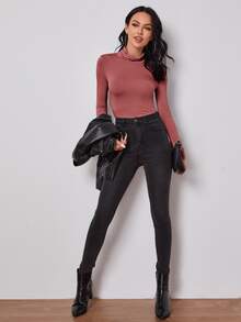SHEIN Privé Camiseta ceñidacon cuello alto - Rosa vieja - Ver 4