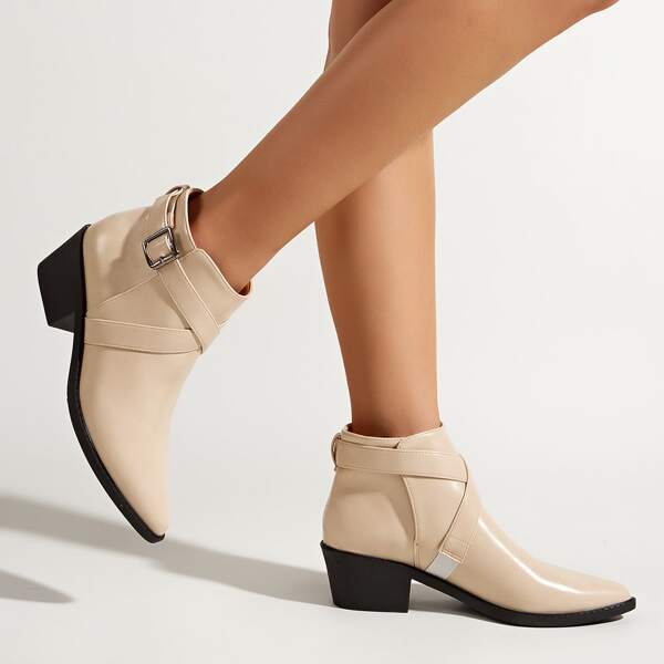 

Buckle Decor Chunky Heeled Classic Boots, Beige