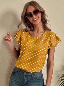 SHEIN LUNE Polka Dot Cut Out Back Blouse - Yellow - View 1