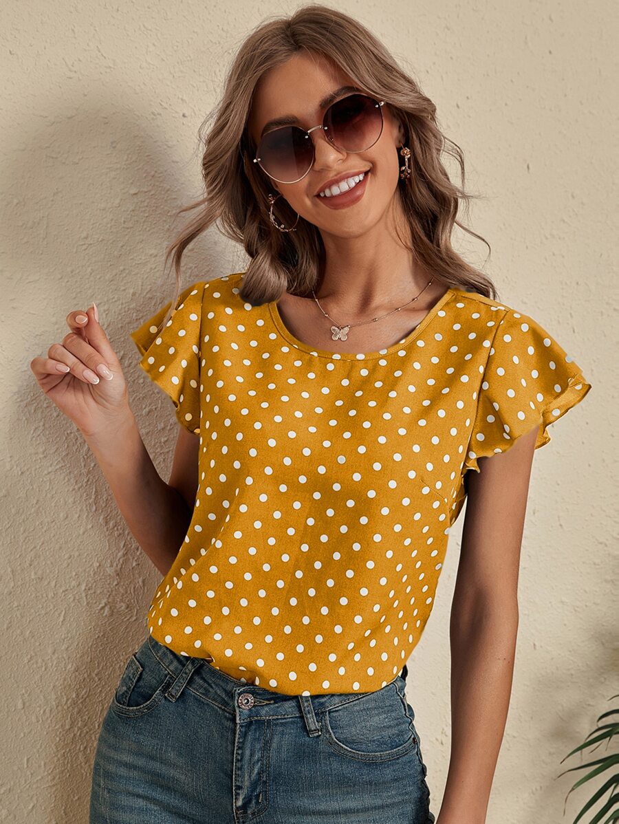 SHEIN LUNE Polka Dot Cut Out Back Blouse - Yellow - View 1