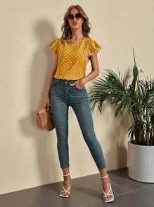 SHEIN LUNE Polka Dot Cut Out Back Blouse - Yellow - View 3