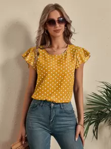 SHEIN LUNE Polka Dot Cut Out Back Blouse - Yellow - View 5