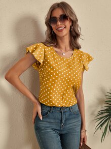 SHEIN LUNE Polka Dot Cut Out Back Blouse - Yellow - View 6