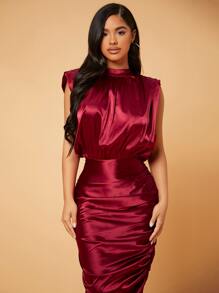 SHEIN SXY Robe à col montant (sans manches) à ruché en satin