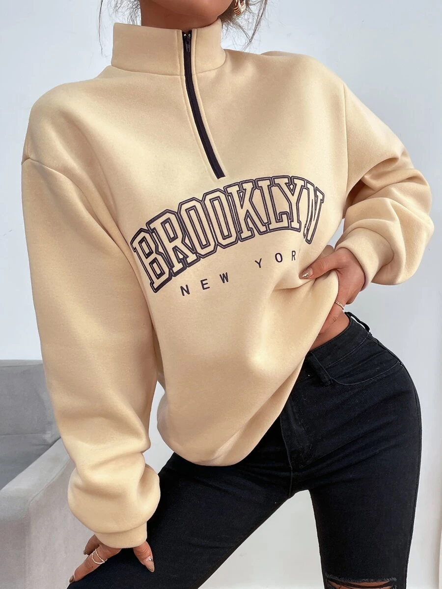 Muchica 字母圖案半拉鏈落肩袖運動衫 - 杏色 - 查看 1