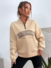 Muchica 字母圖案半拉鏈落肩袖運動衫 - 杏色 - 查看 4