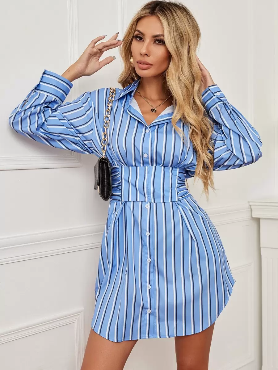 Vertical Striped Shirt Dress - Blue and White - View 1