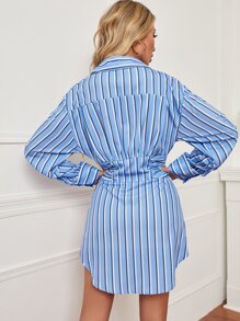 Vertical Striped Shirt Dress - Blue and White - View 2