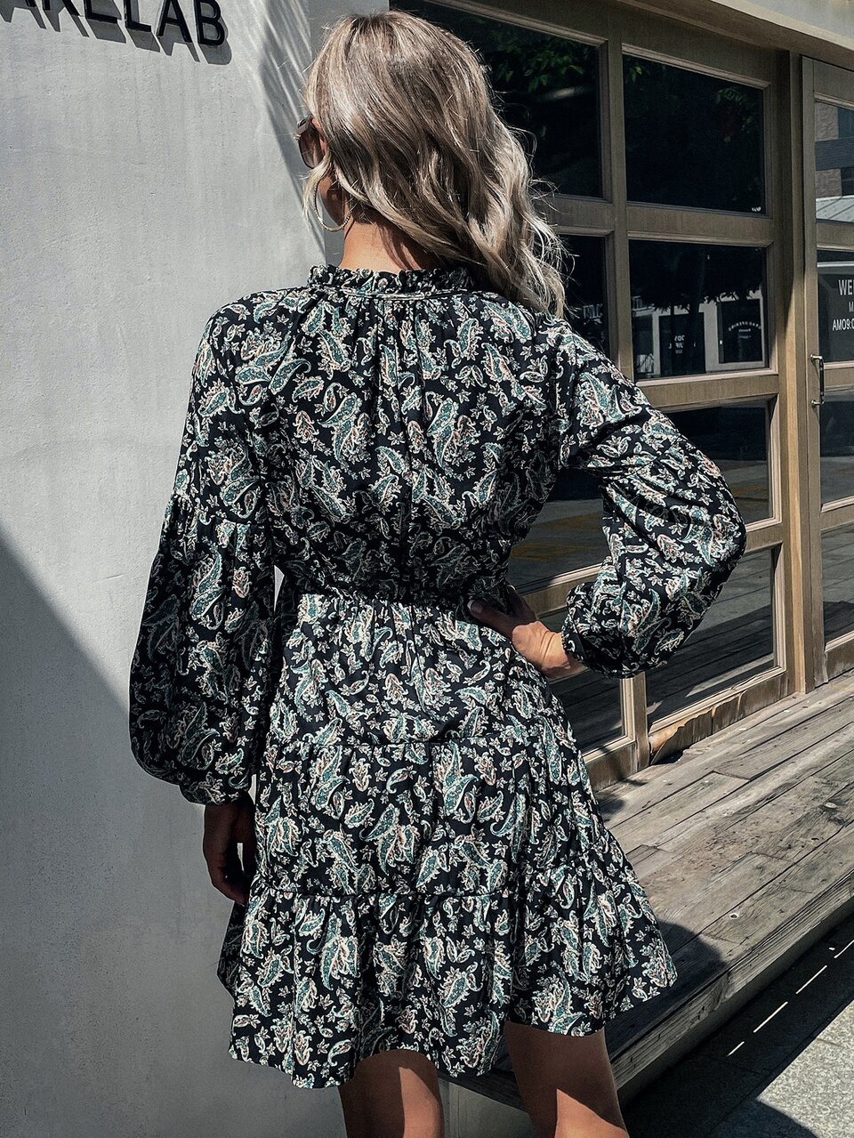 Paisley Print Tie Neck Bishop Sleeve Ruffle Hem Dress Fall Cloth For Women