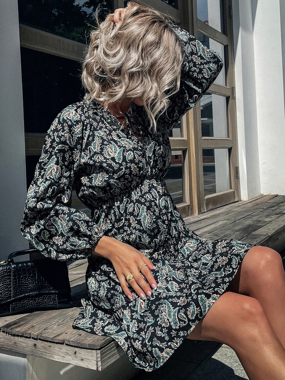 Paisley Print Tie Neck Bishop Sleeve Ruffle Hem Dress Fall Cloth For Women