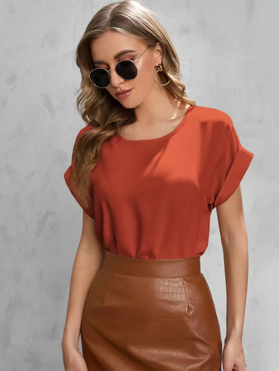 SHEIN LUNE 素色捲邊袖襯衫 - 橘色 - 查看 1