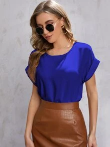 SHEIN LUNE Solid Rolled Sleeve Blouse - Royal Blue - View 1