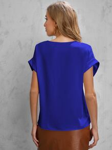 SHEIN LUNE Solid Rolled Sleeve Blouse - Royal Blue - View 2