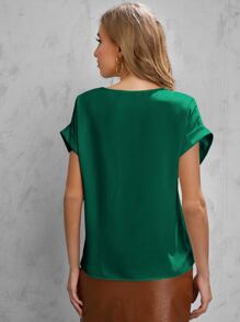 SHEIN LUNE Solid Rolled Sleeve Blouse - Dark Green - View 2