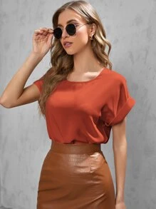 SHEIN LUNE 素色捲邊袖襯衫 - 橘色 - 查看 4