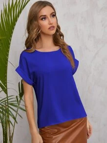 SHEIN LUNE Solid Rolled Sleeve Blouse - Royal Blue - View 4