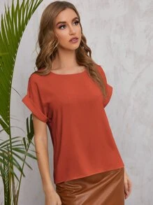 SHEIN LUNE 素色捲邊袖襯衫 - 橘色 - 查看 5