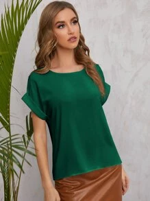 SHEIN LUNE Solid Rolled Sleeve Blouse - Dark Green - View 4