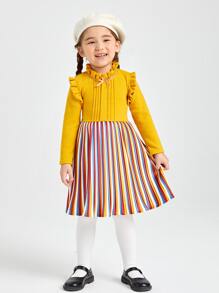 Niñitas Vestido de rayas de colores ribete con fruncido con cordón trasero - Multicolor - Ver 1