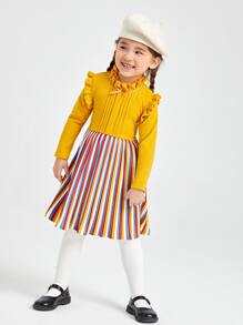 Niñitas Vestido de rayas de colores ribete con fruncido con cordón trasero - Multicolor - Ver 3