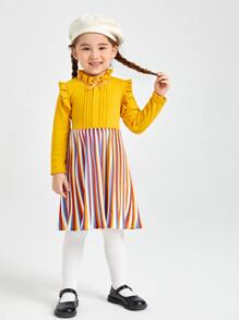 Niñitas Vestido de rayas de colores ribete con fruncido con cordón trasero - Multicolor - Ver 5