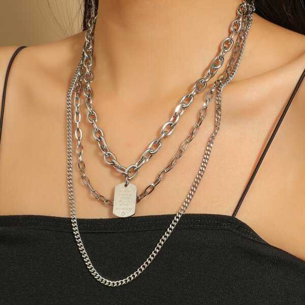 

3pcs Geometric Pendant Chain Necklace, Silver