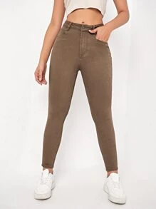 SHEIN Essnce Quần jean nữ Nút Túi Dây kéo màu trơn - màu nâu - Xem 1