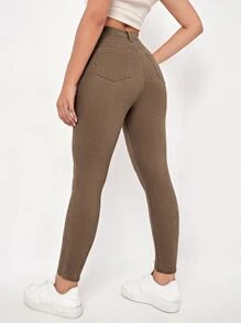 SHEIN Essnce Quần jean nữ Nút Túi Dây kéo màu trơn - màu nâu - Xem 2